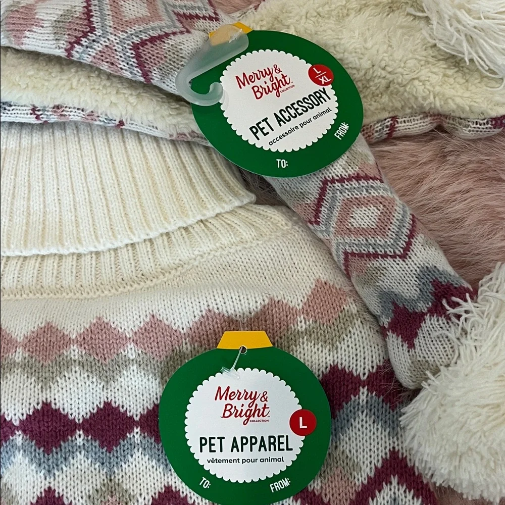 Dog Turtleneck Sweater & Matching Scarf. Cream and Pink by Merry & Bright NWT
